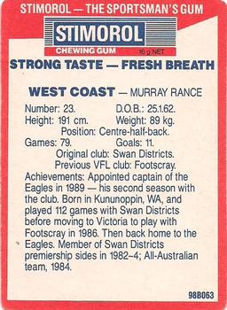 1990 AFL Scanlens Stimorol #130 Murray Rance Back